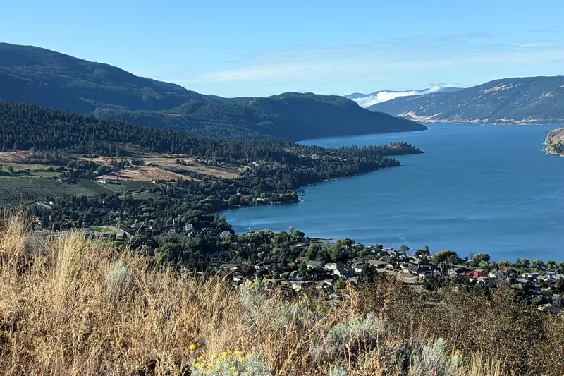 Kalamalka Lake looking south from the Coldstream hillside toward Oyama and Lake Country, BC